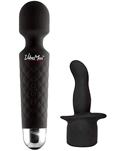 VibeMax Personal Wand Massager + Attachment: Wireless & Waterproof – Handheld – Rechargeable – Powerful Multi Speed Vibration – Whisper Quiet – Cordless – Mini – Black