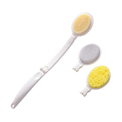 Bath Body Brush Set with Long Handle 3 in 1 Foldable Detachable Shower Massage Back Foot Scrubber with Sponge Pumice Nylon Wool Head Exfoliating or Dry Skin Brushing