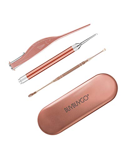 Earwax Spoon Digger & Ear Tweezers with LED Light, Ear Wax Removal Tool for Kids & Family Gift Set, Ear Pick Cleaner Kit for Ear Health Care, Bonus Stainless Steel Ear Pick & Carry Case（Rose Gold）
