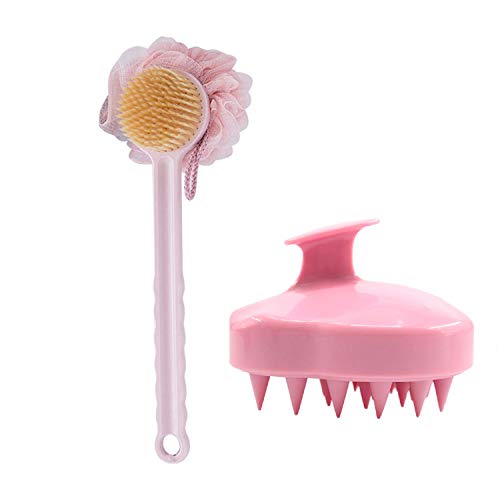 Shower Body Brush with Bristle and Loofah & Hair Scalp Massager Shampoo Brush, Long Handle Back Bath Brush, Loofah Sponge Back Body Scrubber, Hair Scalp Massage Brush for Men,Women&Pets-2Pack (Pink)