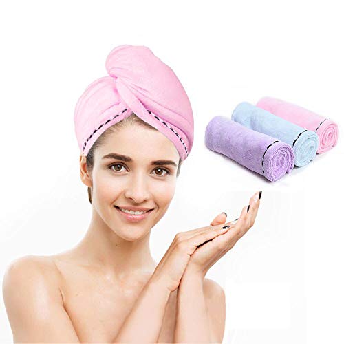 Microfiber Hair Towel Wrap Super Absorbent Twist Turban Fast Drying Hair Caps-3 Pack (Pink-Blue-Light Purple)