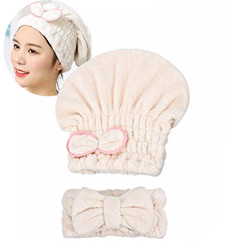 Hair Drying Caps with Microfiber Super Absorbent Hair Drying Towel Cute Bowtie Hair Caps and Microfiber Bowtie Women Beauty Headbands (2 Pack White)