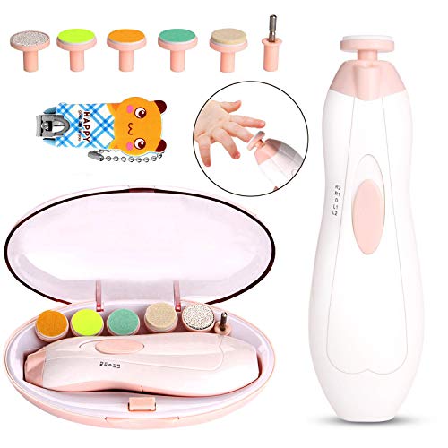 WADEO Baby Nail Trimmer, Electric Nail File with Nail Clippers, Toes Fingernails Care Trim Grooming Kit for Infant Toddler Kids with LED Light and Replacement 6 Grinding Heads, Pink