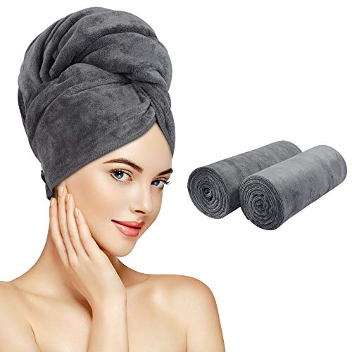 Sunland Microfiber Hair Drying Towel 2 Pack Super Absorbent Quick Dry Magic Hair Turban for Drying Long Hair Soft and Large 20 inch X 40 inch Grey
