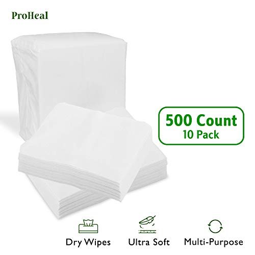 Disposable Dry Wipes, 500 Pack – Ultra Soft Non-Moistened Cleansing Cloths for Adults, Incontinence, Baby Care, Makeup Removal – 9.5″ x 13.5″ – Hospital Grade, Durable – by ProHeal