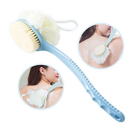 Shower Body Brush with Bristles and Loofah,Back Scrubber Bath Mesh Sponge with Curved Long Handle for Skin Exfoliating Bath, Massage Bristles Suitable for Wet or Dry, Men and Women (Blue)