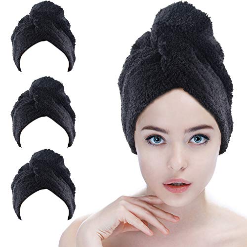 Sinland Microfiber Hair Drying Cap Hair Towel Turban Twist for Long Hair 3 Pack Fast Drying Towels Head Turban Absorbent Soft Lightweight Black