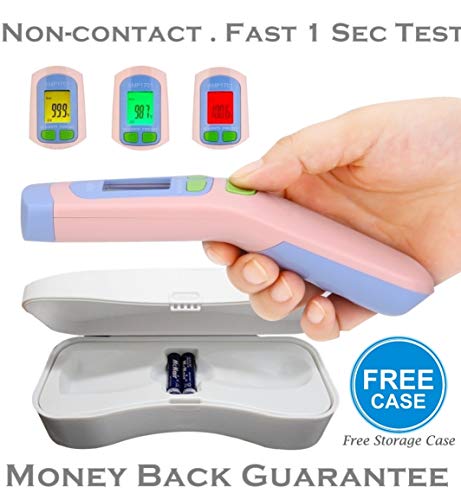 Forehead Thermometer for Fever Temperature, Amplim Medical Termometro Digital Temporal Thermometer Best for Adult Kids Baby Infant Child Newborn, Infrared No Touch Thermometer with Free Case – Pink