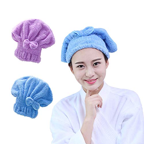 2 Pack Hair Towel Wrap, Bestgrass Hair Drying Towel with Button, Microfibre Hair Towel, Dry Hair Hat, Bath Hair Cap