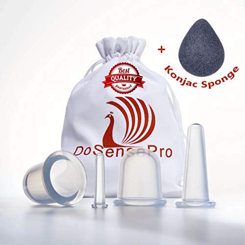 Face Cupping Set Anti Aging – Acupuncture Face and Body Massage Therapy Set + BONUS Japanese Konjac Sponge by DoSensePro. Vacuum Face Cups Improve Facial, Eyes, Neck Skin and Anti Cellulite Treatment.