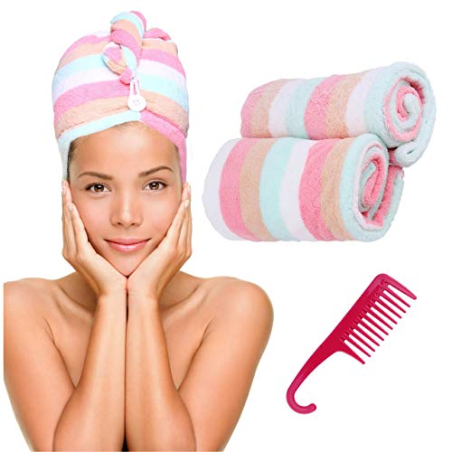 Microfiber Hair Towel Turban Wrap – 2 Pc Head Wraps for Women Bundled with Comb for Women Anti-Frizz Absorbent Twist Drying Shower Towel Hat Works Like Magic Quick Dry