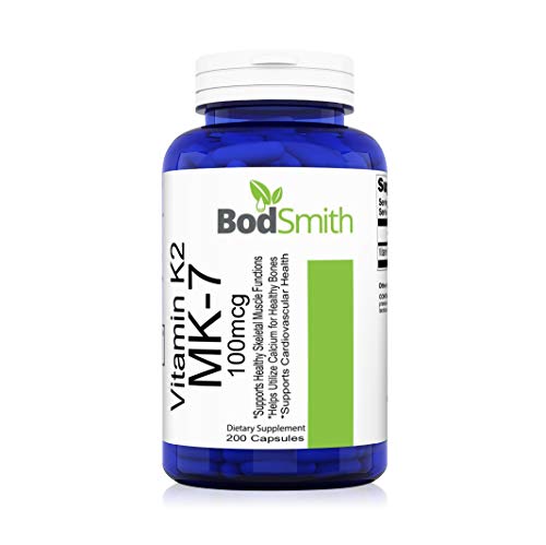 Vitamin K2 Supplement (as MK7). 200 Count 100mcg Per Capsule. Made with Menaquinone 7 Vitamin K and Formulated Without Soy or Gluten. Supports Healthy Skeletal Muscle Function. Non-GMO