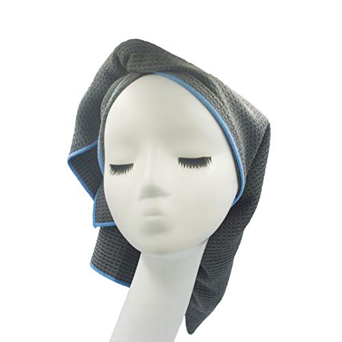 Bleu Bath_Waffle Microfiber Hair Towel in Large Size also for Curly Hair, Anti Frizz Ultra Absorbent Twist Turban Wrap Hair Drying Towel for either short or Long Hair, Straight or Curly Hair (Gray)