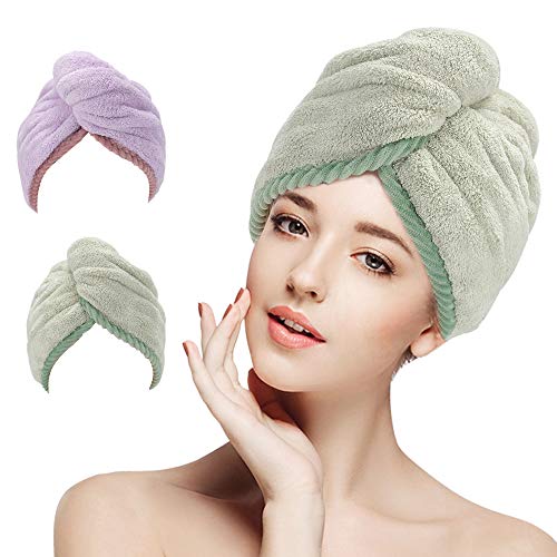 LEARJA Microfiber Hair Towel, Rapid Dry Hair Towels, Quick Drying Hair Towel, Hair Towels for Women& Girl, Hair Towel Wrap for Drying Curly, Long & Thick Hair(Green+Purple)