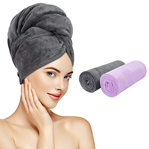 Sunland Microfiber Hair Drying Towel 2 Pack Super Absorbent Quick Dry Magic Hair Turban for Drying Long Hair Soft and Large 20 inch X 40 inch Grey and Purple
