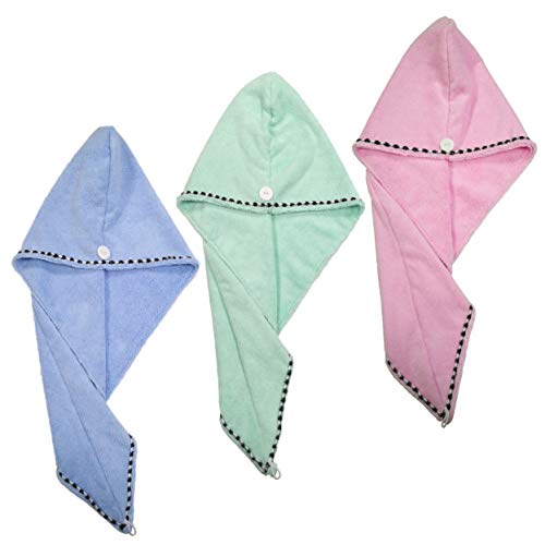 Polyte Microfiber Hair Turban Wrap Drying Towel, 10 x 26 in, 3 Pack (Light Blue, Green, Pink)