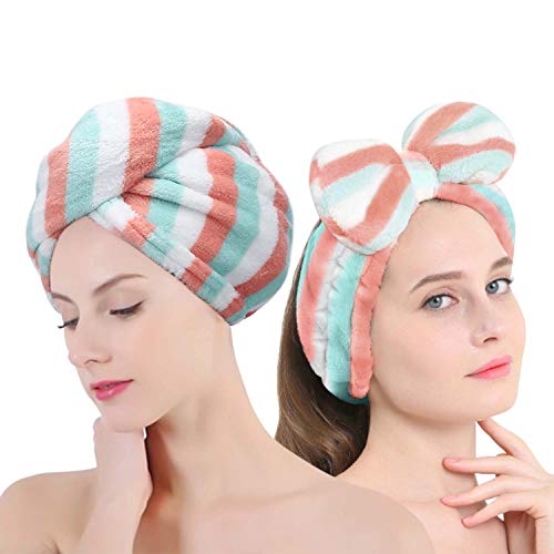 DUEBEL Microfiber Hair Turban Drying Towel Wrap with Makeup Bow Headband, Super Absorbent for Long & Curly Hair, Anti-Frizz (Rainbow)
