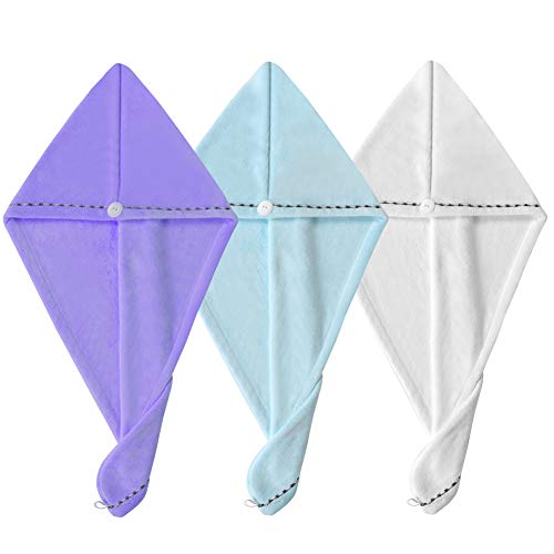 Microfiber Hair Towel Wrap, AMoko 3 Pack Super Absorbent Anti-Frizz Hair Turban Fast Drying Towels Caps for Women Girls Long, Curly & Thick Hair (Purple/Blue/White)