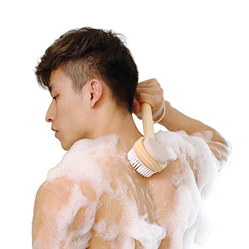 Body Brush Shower Bath Scrubber Dual Head Brush Long Handle Foot Care Brush, Remove Dead Skin & Toxins, Exfoliator (Wood)