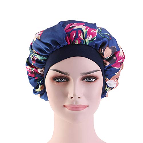 DuoZan Printing Silky Satin Bonnet Elastic Band Soft Satin Turban Shower Cap Night Sleep Hat Hair Loss (Royal Blue)