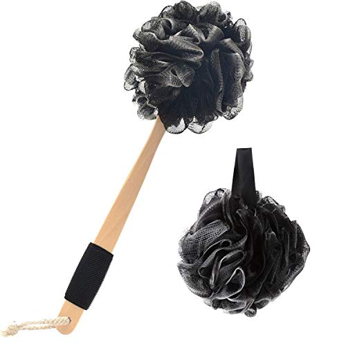Loofah Sponge Bath Body Brush Back Scrubber with Long Wooden Handle, Handheld Luffa Pouf on a Stick for Body, Perfect for Exfoliating, Detox, Cellulite, Blood Circulation
