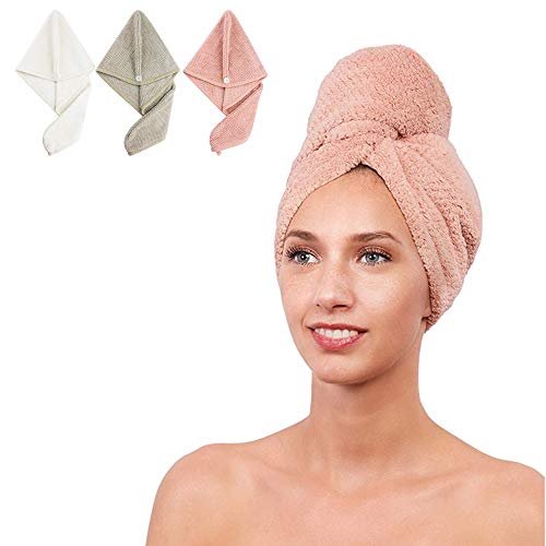 Hair Towel Wrap Turban Twist Microfiber Drying Head Towel [3 Pack] Quick Magic Dry Hair Hat with Buttons, For Long Short Curly & Straight Hair – Super Absorbent, Anti-Frizz – (White + Pink + Grey)