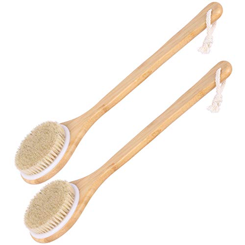 2 Pcs Dry Bath Body Brushes Wooden Handle Natural Bristles Back Scrubber for Exfoliates and Remove Dead Skin