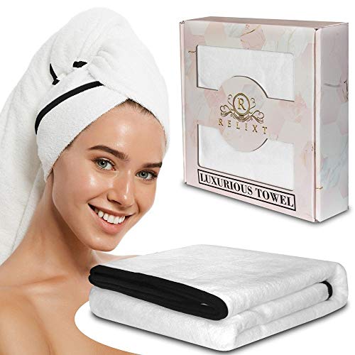 Relixt Microfiber Hair Towel Turban Wrap Super Absorbent Anti Frizz XL (25 x 46) For Women, Girls or Kids with Long, Curly Hair. White with Black Border. will Stay Securely on your head