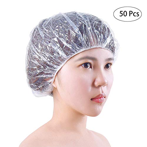 50 Pcs Disposable Clear Shower Cap Plastic Handmade Hair Processing Caps for Hair Dye, Shower, Bathing