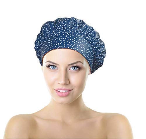 No Pinch TIARA Shower Cap Best Shower Cap in USA Terry Lined Reversible Patented TIARA Shape (Dots Blue)