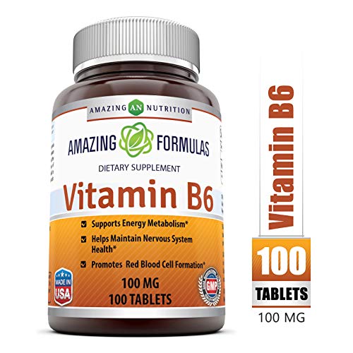 Amazing Nutrition Vitamin B6 Dietary Supplement – 100 mg, 100 Tablets – Supports Healthy Nervous System, Metabolism & Cell Health