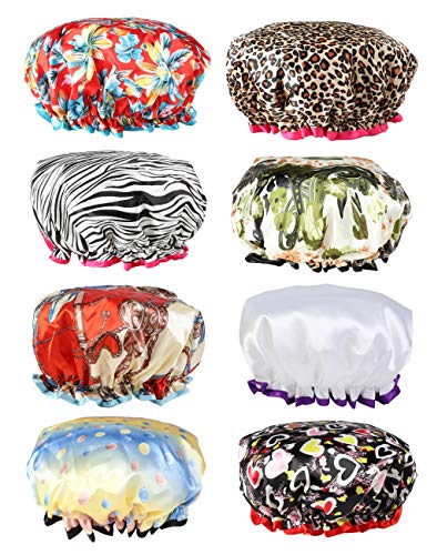 Thunaraz 8Pack Shower Caps for Women Girls Satin Bonnet Waterproof Hair Cap Double Layer