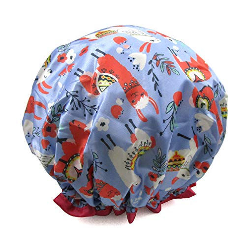 Shower Cap for Women Long Hair,Quanchen Reusable Elastic Bath Cap with Double Layer Lined, Waterproof & Durable-Great for Girls Spa Home Use,Hotel and Hair Salon (01 Blue Llama)