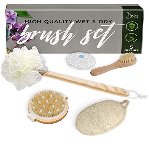 Better Bathe Boar Bristle Dry Brushing Body Brush 5 Piece Set Back Washer and Body Scrubber for Shower with Loofah Sponge on Long Handle, Boar Bristle Face Brush, Bath Mitt and Soothing Scalp Massager