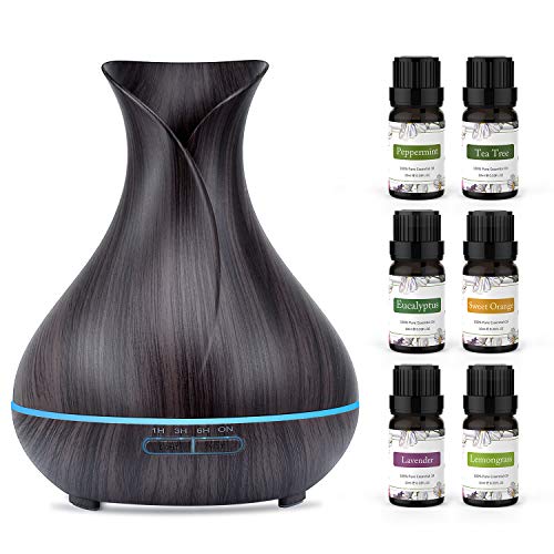 ASAKUKI 400ml Essential Oil Diffuser with TOP 6 Bottles 10ml 100% Pure Natural Essential Oils, 7 LED Color Changing Light and Auto Shut-Off – for Home, Office, Spa, Study, Gym
