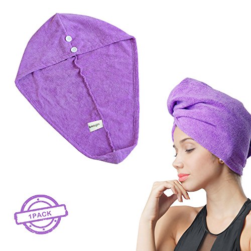 SOFTOWN Microfiber Hair Drying Towel Turban Ultra Absorbent with 2 buttons for Long Hair, 1 Pack, 11 x 28 inch, Purple