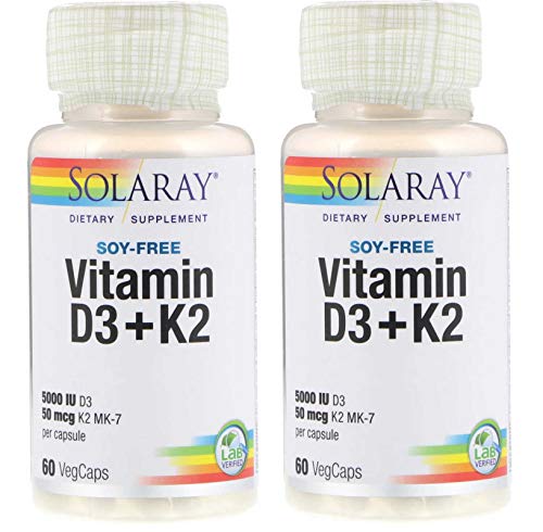 SolaRay Soy Free Vitamin D3 + K2 Lab Verified Dietary Supplement with 5000 IU D3 and 50 Micrograms K2 MK-7 Per Capsule (60 VegCaps) Pack of 2