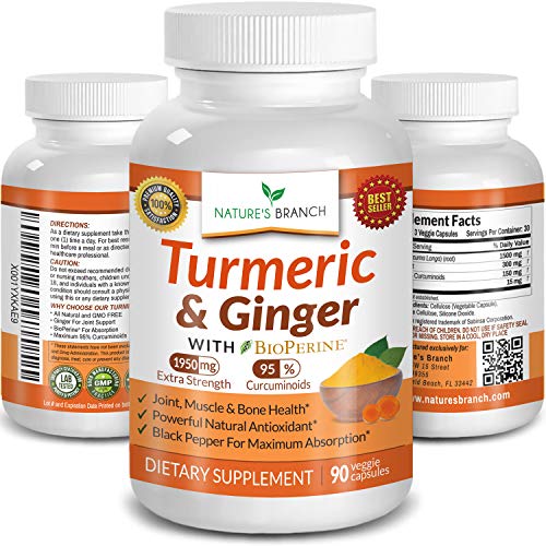 Extra Strength Turmeric Curcumin with Ginger & BioPerine  1950mg Joint Pain Relief Supplement for Inflammation with Black Pepper Powder Extract  Premium Made in USA Vegan Non GMO Pills  90 Capsules