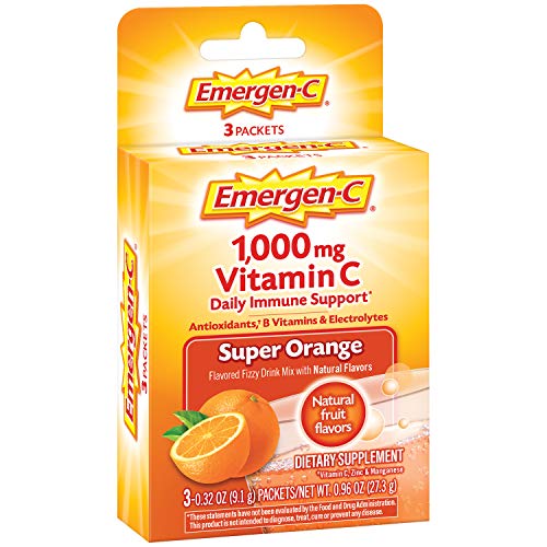 Emergen-C Vitamin C 1000mg Powder (3 Count, Super Orange Flavor), with Antioxidants, B Vitamins and Electrolytes, Dietary Supplement Fizzy Drink Mix, Caffeine Free