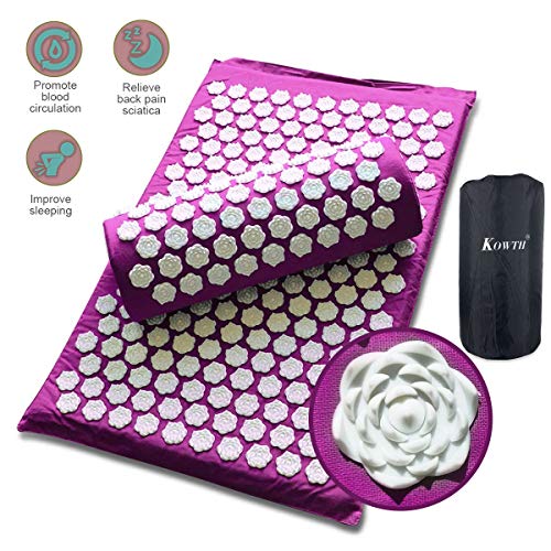 Kowth® Wellness Therapy Acupressure Mat and Pillow Set for Back/Neck Pain Relief and Muscle Relaxation with Carrying Bag,Spikes Lotus Form (Purple)