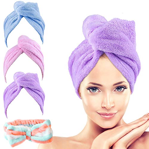 Hair Towel Wrap Turban Microfiber Hair Drying Towels with Button Quick Dry Super Absorbent Anti-Frizz (3 Pack Hair Dry Cap +1 Pack Hair band)