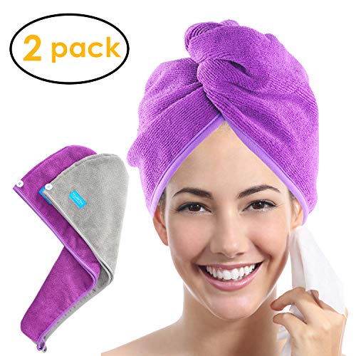 Ultra Plush Microfiber Hair Towel Wrap for Women, 2 Pack 10 inch X 26inch Purple, Ultra Absorbent Twist Hair Turban Drying Cap Hair Wrap, For Drying Curly, Long & Thick Hair (Purple+Gray)