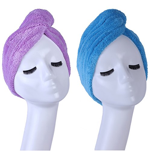 YYXR Microfiber Hair Turban Towel Wrap – Super Absorbent Drastically Reduce Hair Drying Time(2 pack puple & blue)