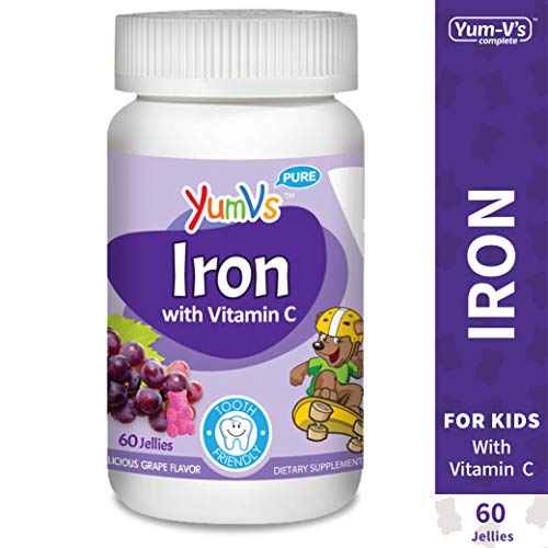 YUM-V’s Iron Jellies/Gummy Bears for Kids w/Vitamin C, Grape Flavor Chewables; Daily Dietary Supplement for Children, Vegan, Kosher/Halal, Gluten Free (60 Ct)