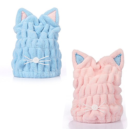 2 Pack Hair Drying Towel Cap, Microfiber Bath Towel Hat for Shower Spa, Ultra Soft Absorbent Hair Quick Drying Hat (Blue and Pink)