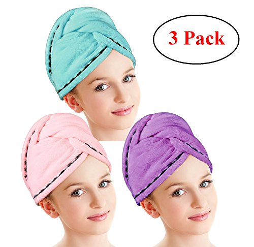 Hair Drying Towels, Fast Drying Hair Cap, Long Hair Wrap,Super Absorbent Twist Turban,Microfiber Bath Shower Hair Towel Twist with Buttons (Blue+Pink+Purple-3 Pack)