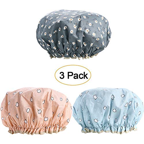 3 Pack Women Shower Cap Hair Bonnet Bath Caps Large Waterproof Double Layered Reusable for Spa Makeup Salon Home Use (Multi-colored-1)