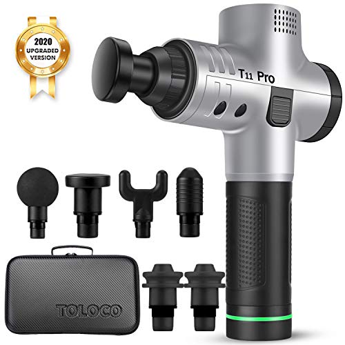 TOLOCO Massage Gun – T11 Pro Upgraded Handheld Muscle Deep Tissue Muscle Massager, Body Massager Sports Drill Portable Super Quiet Brushless Motor (Silver)