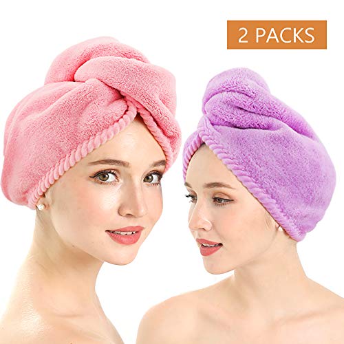 Women Microfiber Towel for Hair Gutsdoor Fast Drying Hair Towel Wrap Turban Quick Magic Hair Dry Hat with Button for Curly Long and Thick Hair (2 Packs)