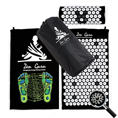 ZenGuru Best Acupressure Mat & Pillow Set – Sale – Effective Remedy for Pain and Stress Relief – with Magnet Therapy – Free Bonuses: Carry Bag & Reflexology Foot Chart – Lifetime Money Back (Black)